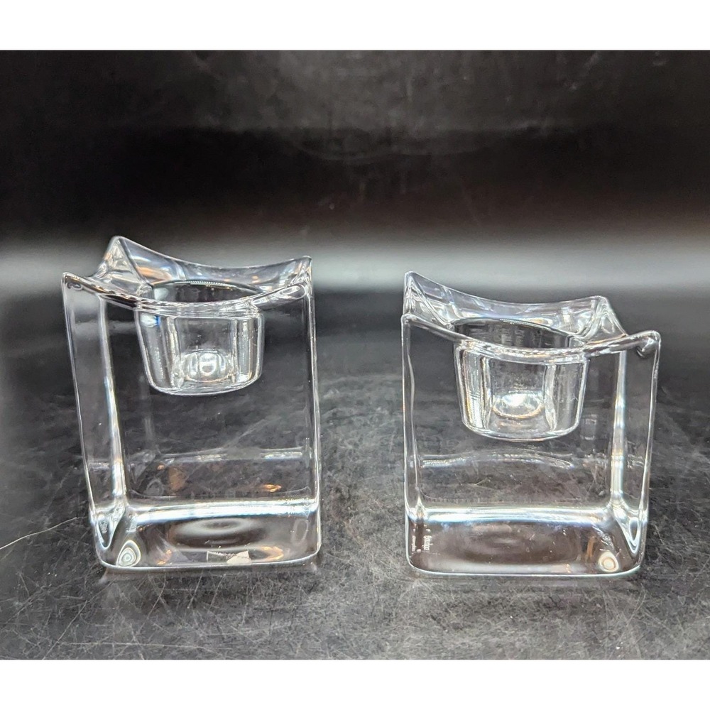 Set of 2 Orrefors Crystal Polaris Clear Votive Candle Holders Square Ice